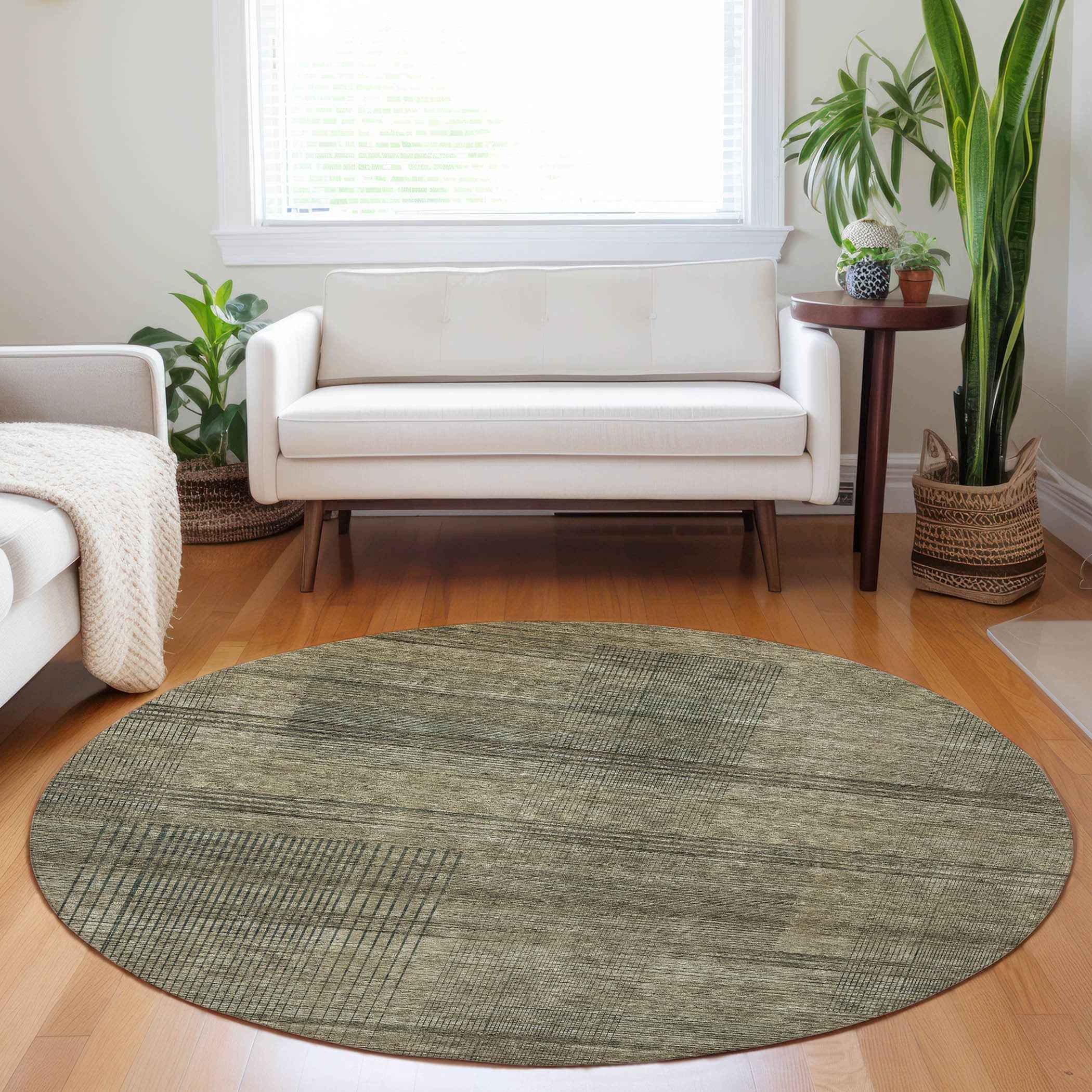 8' Brown Beige And Taupe Round Striped Washable Indoor Outdoor Area Rug