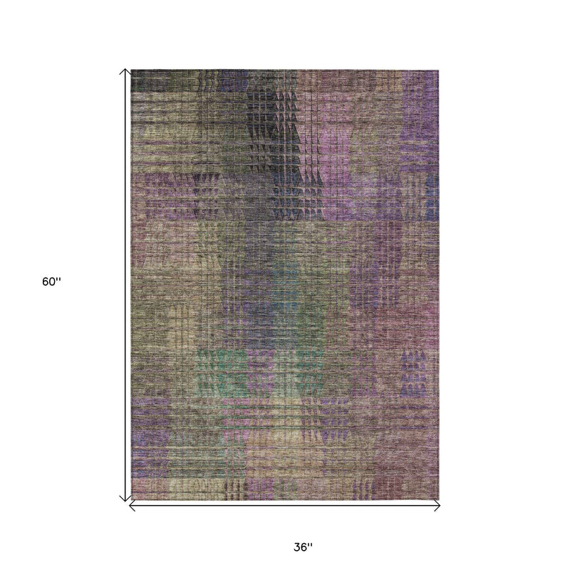 3' X 5' Plum Olive Green And Lavender Abstract Washable Indoor Outdoor Area Rug