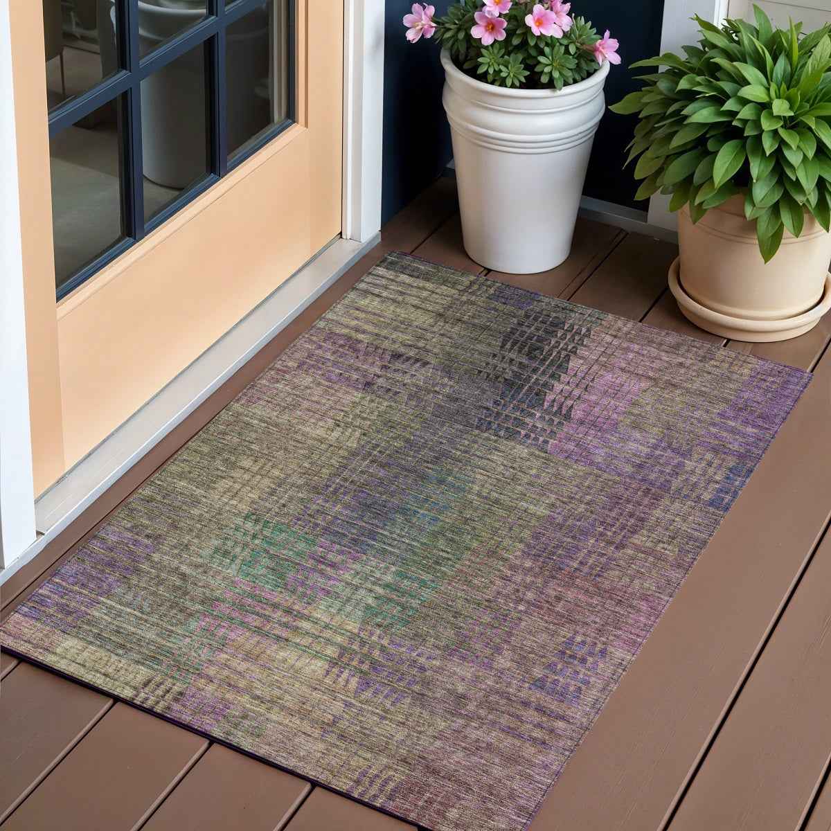 3' X 5' Plum Olive Green And Lavender Abstract Washable Indoor Outdoor Area Rug