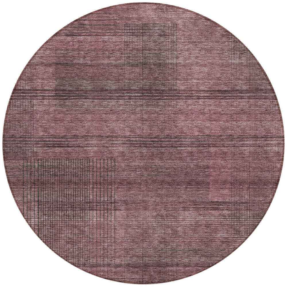 8' Merlot And Gray Round Striped Washable Indoor Outdoor Area Rug