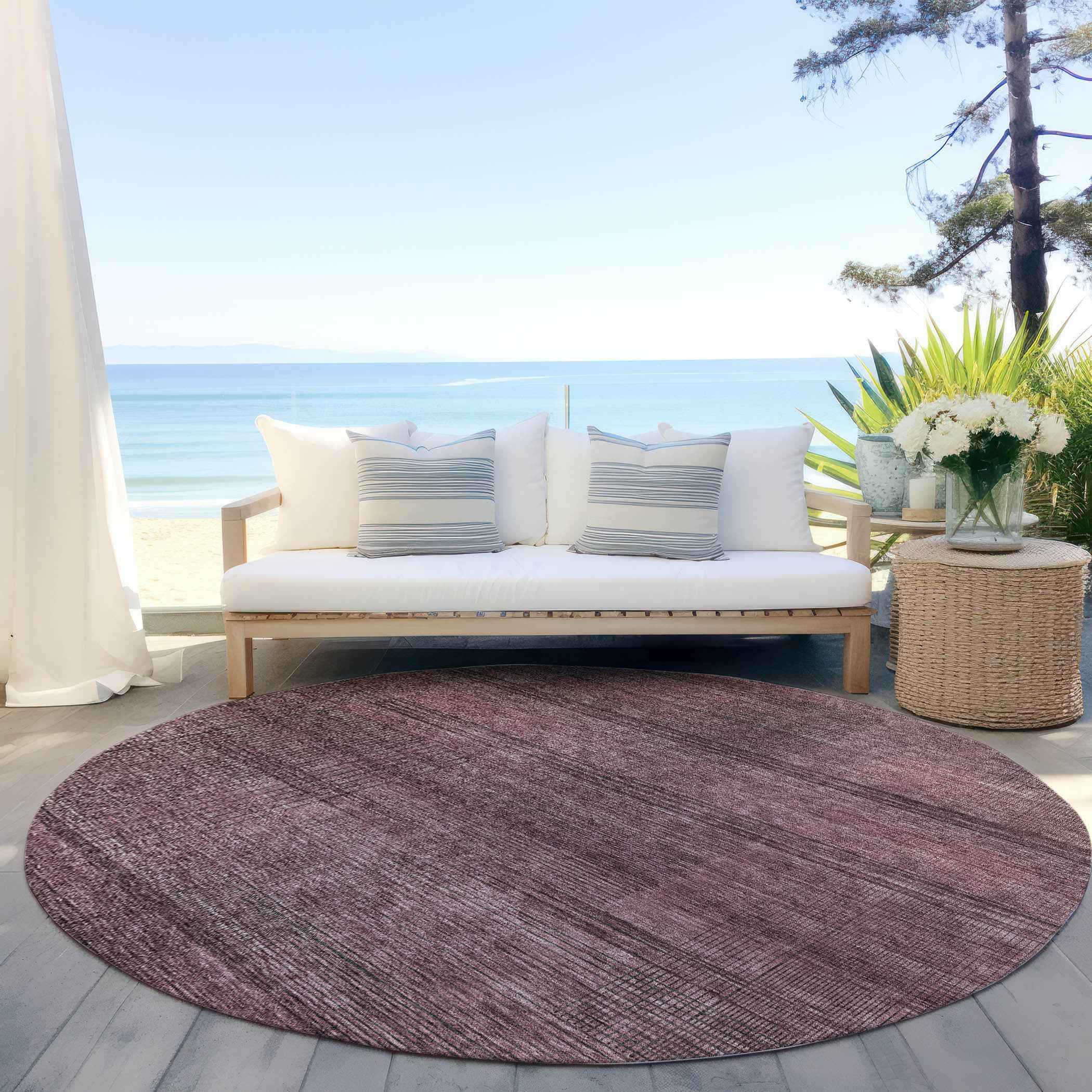 8' Merlot And Gray Round Striped Washable Indoor Outdoor Area Rug