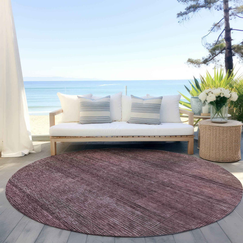 8' Merlot And Gray Round Striped Washable Indoor Outdoor Area Rug