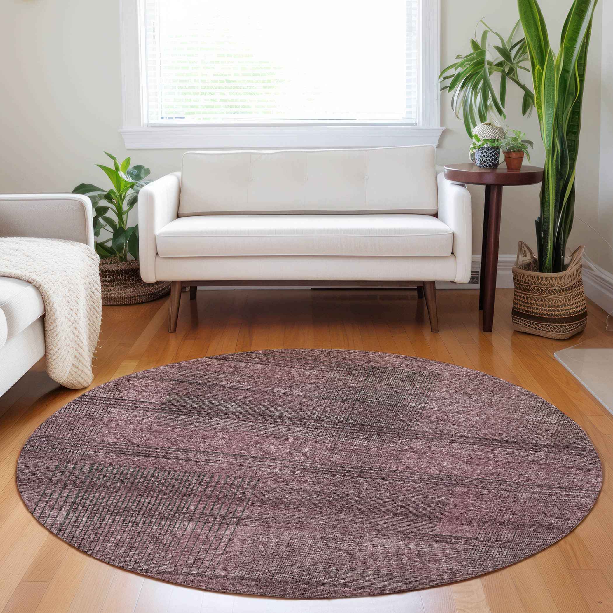 8' Merlot And Gray Round Striped Washable Indoor Outdoor Area Rug
