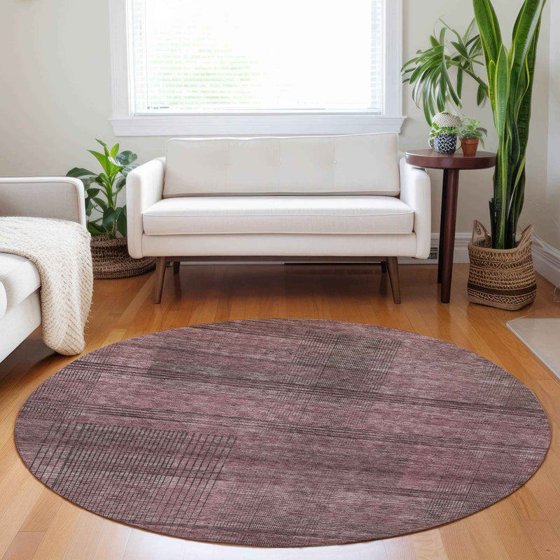 8' Merlot And Gray Round Striped Washable Indoor Outdoor Area Rug
