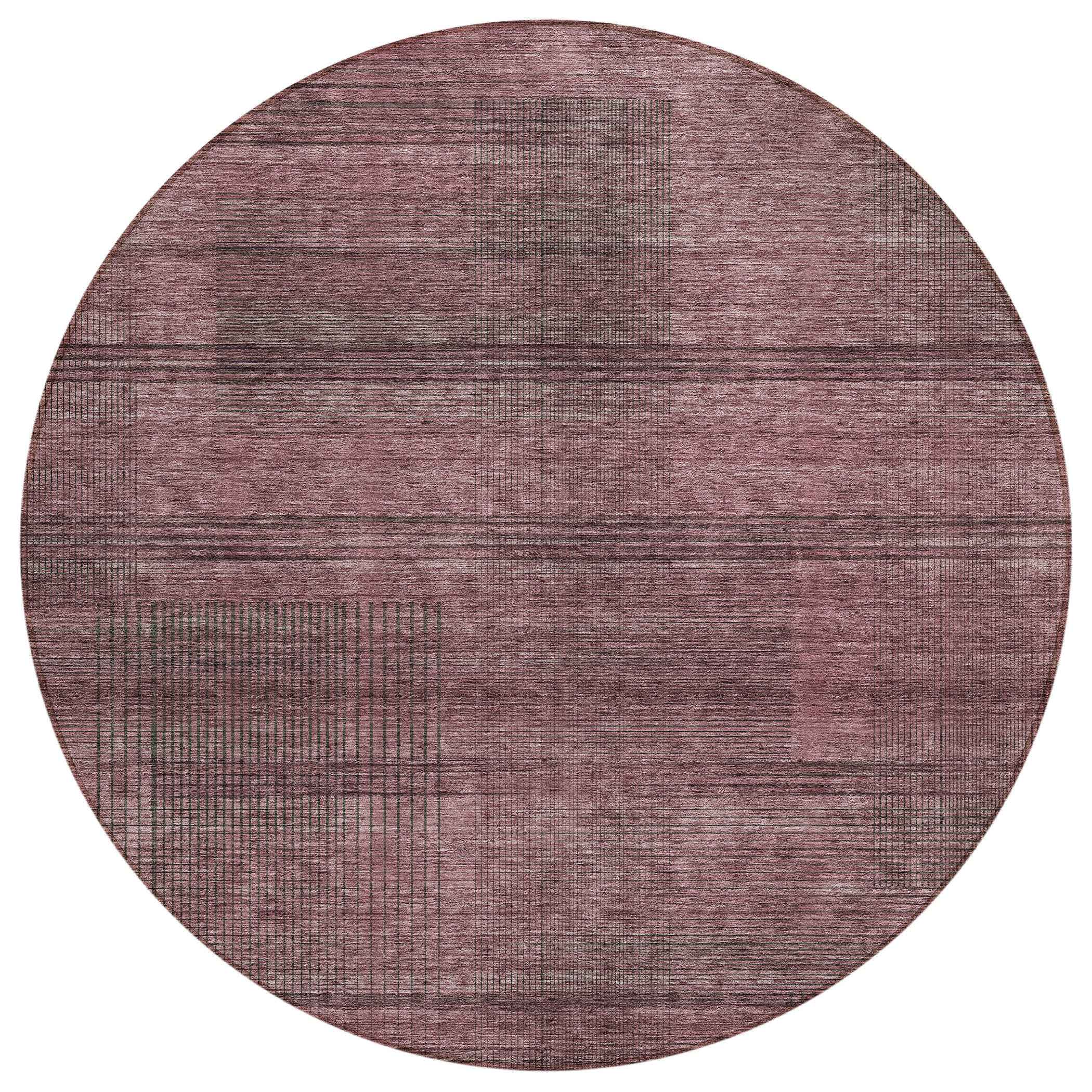 8' Merlot And Gray Round Striped Washable Indoor Outdoor Area Rug