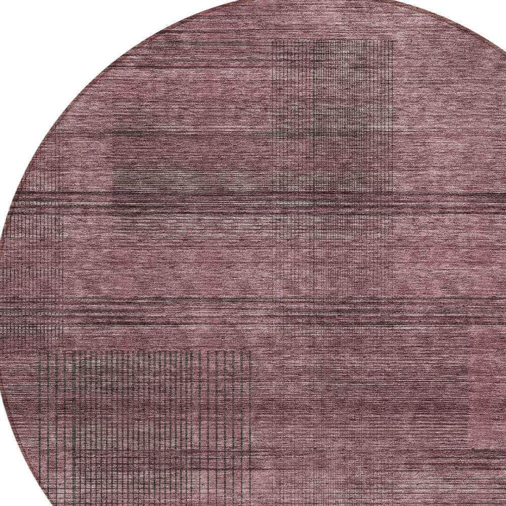 8' Merlot And Gray Round Striped Washable Indoor Outdoor Area Rug