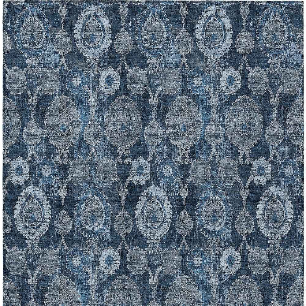 8' X 10' Navy Blue And Denim Blue Damask Washable Indoor Outdoor Area Rug