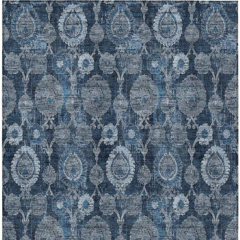 8' X 10' Navy Blue And Denim Blue Damask Washable Indoor Outdoor Area Rug