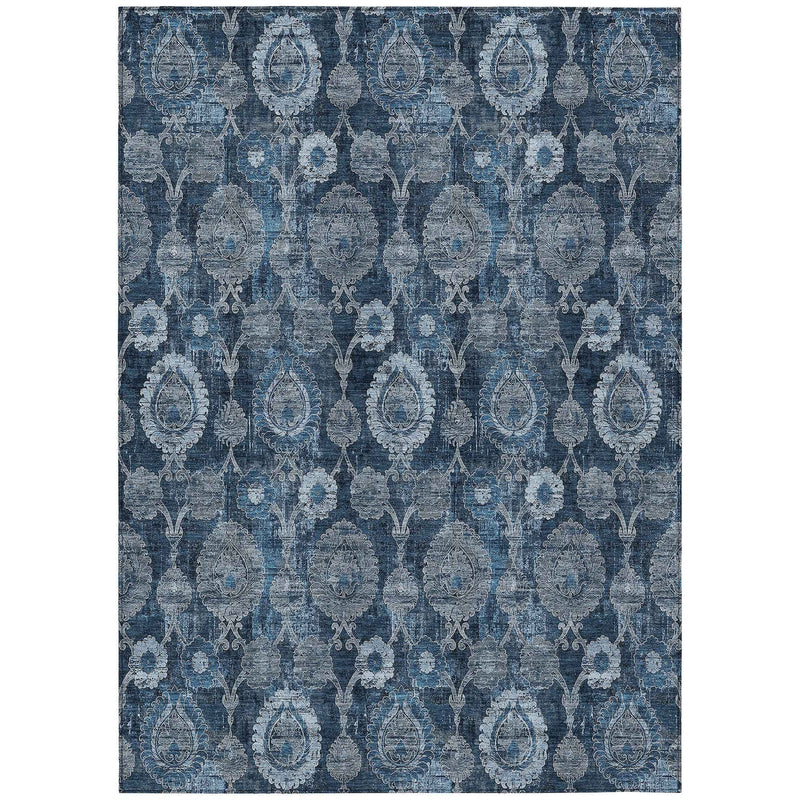 8' X 10' Navy Blue And Denim Blue Damask Washable Indoor Outdoor Area Rug