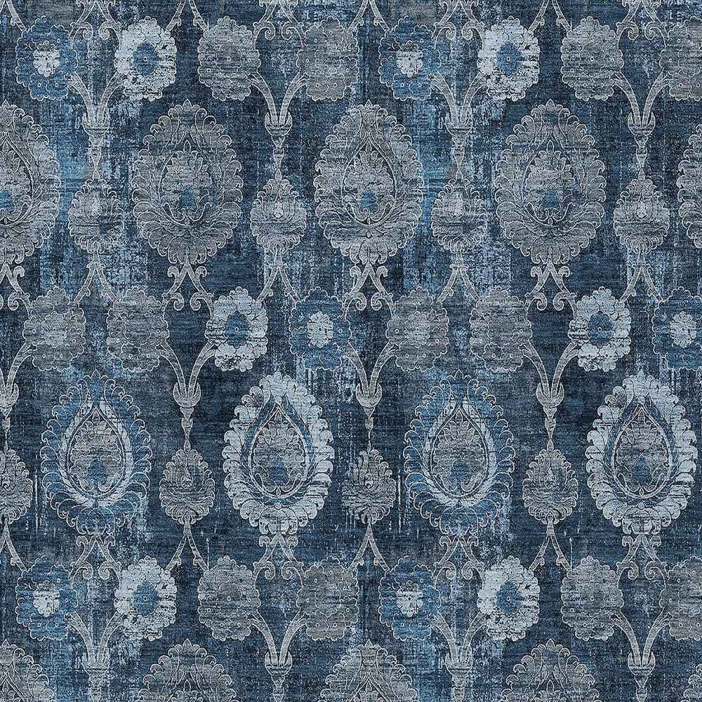 8' X 10' Navy Blue And Denim Blue Damask Washable Indoor Outdoor Area Rug