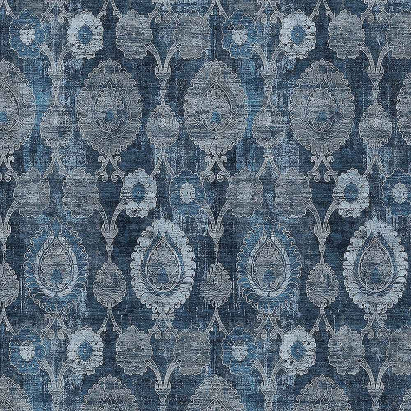 8' X 10' Navy Blue And Denim Blue Damask Washable Indoor Outdoor Area Rug