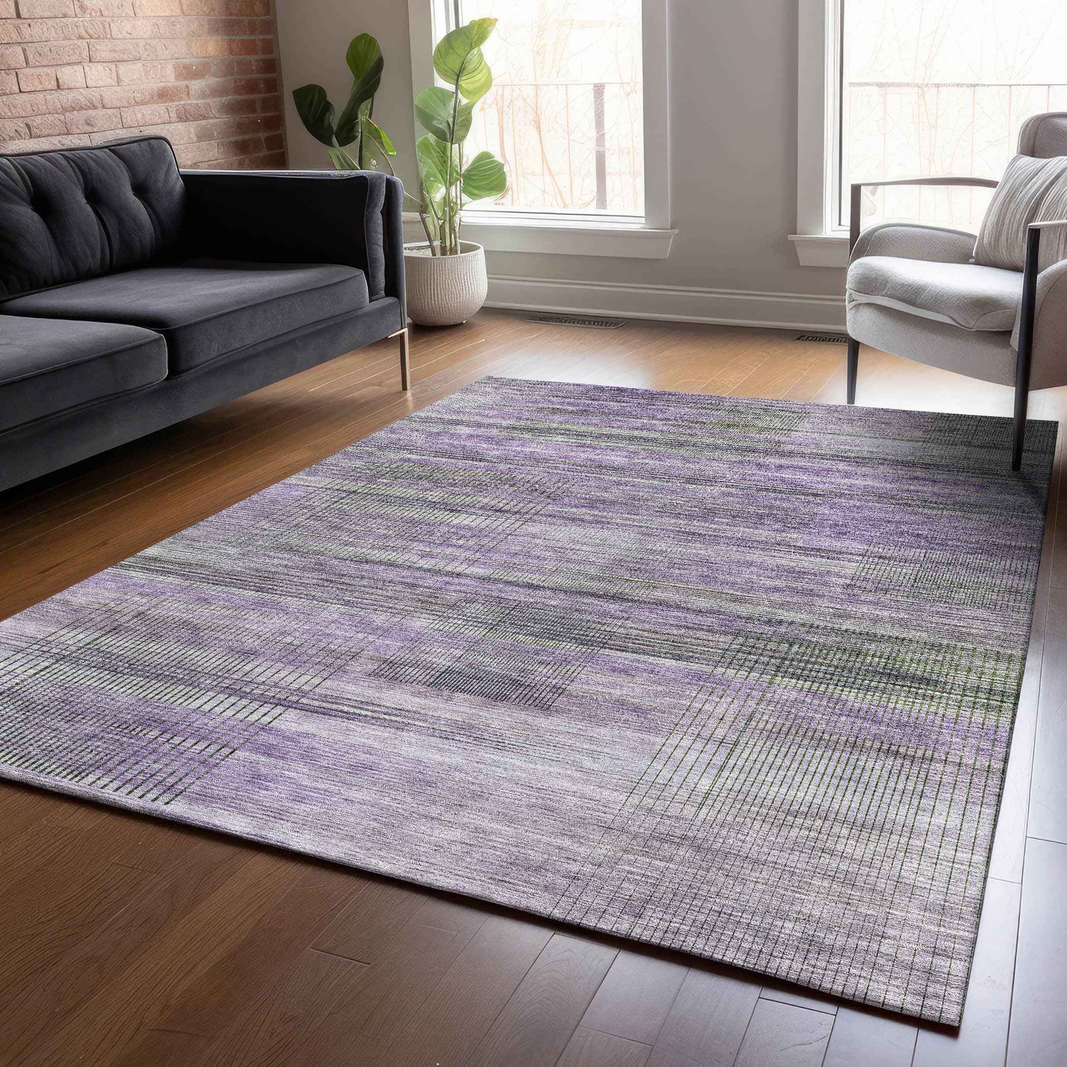 9' X 12' Purple Lavender And Gray Striped Washable Indoor Outdoor Area Rug