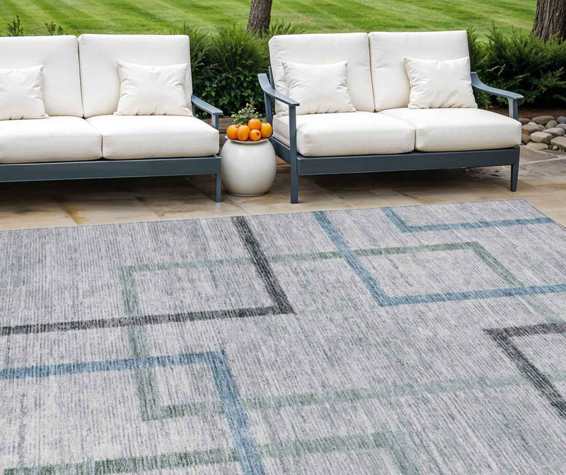 8' X 10' Gray Charcoal And Blue Geometric Washable Indoor Outdoor Area Rug