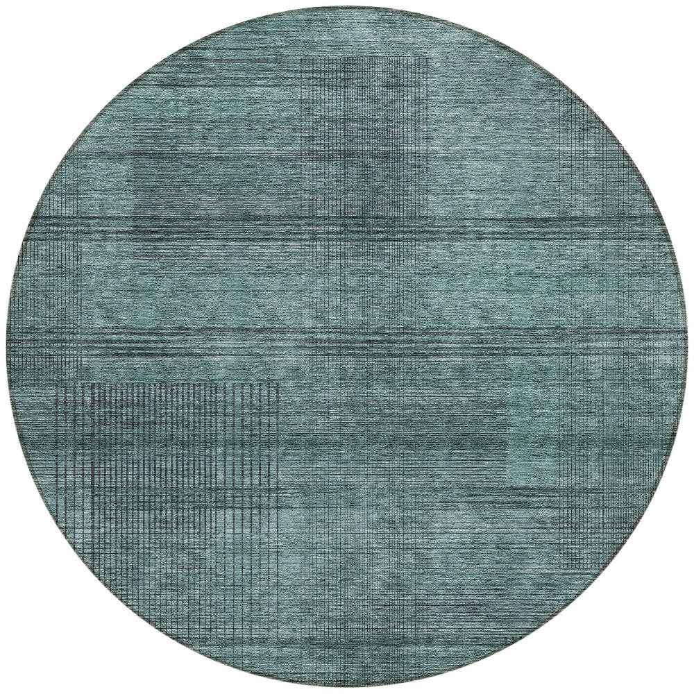 8' Teal Blue Aqua And Gray Round Striped Washable Indoor Outdoor Area Rug