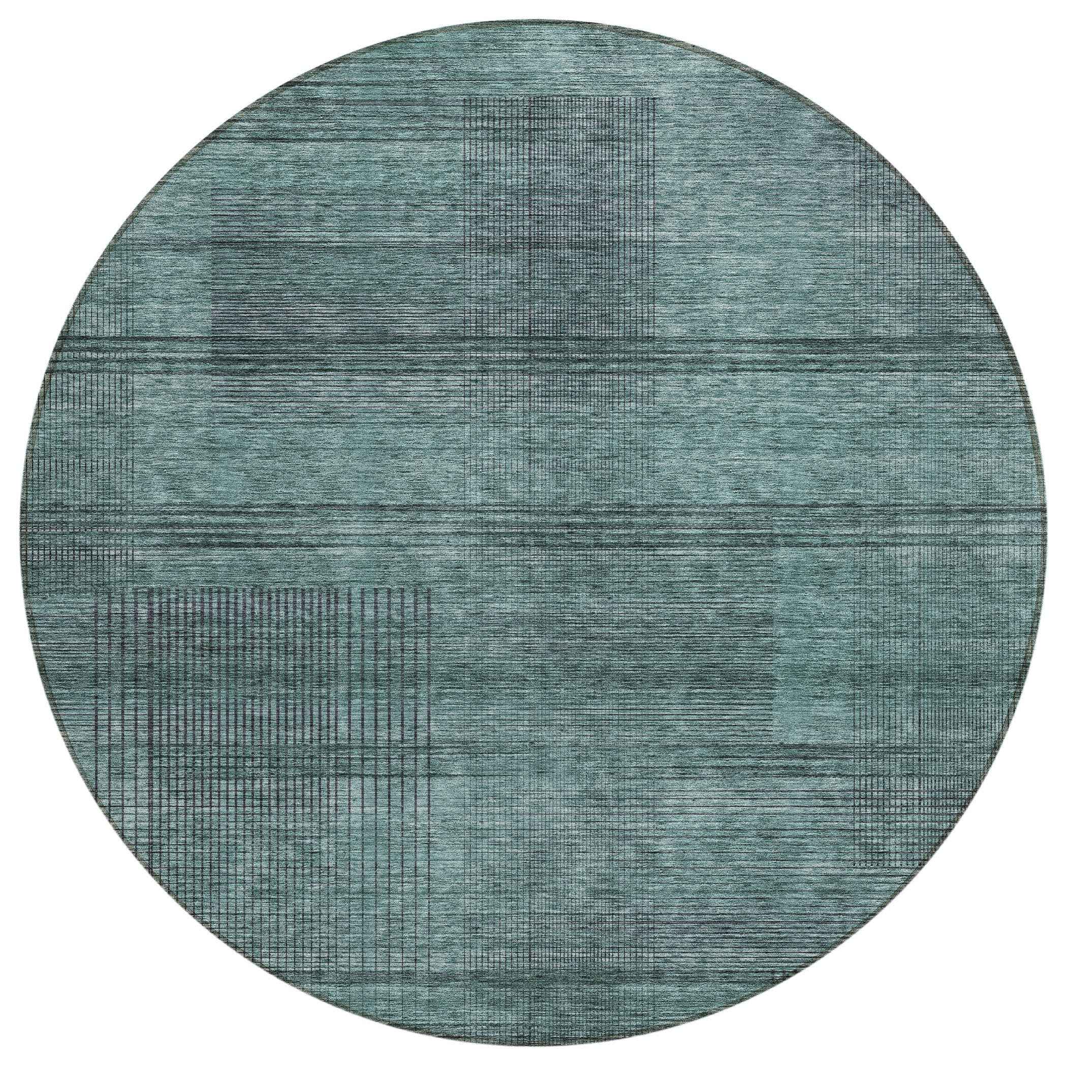 8' Teal Blue Aqua And Gray Round Striped Washable Indoor Outdoor Area Rug