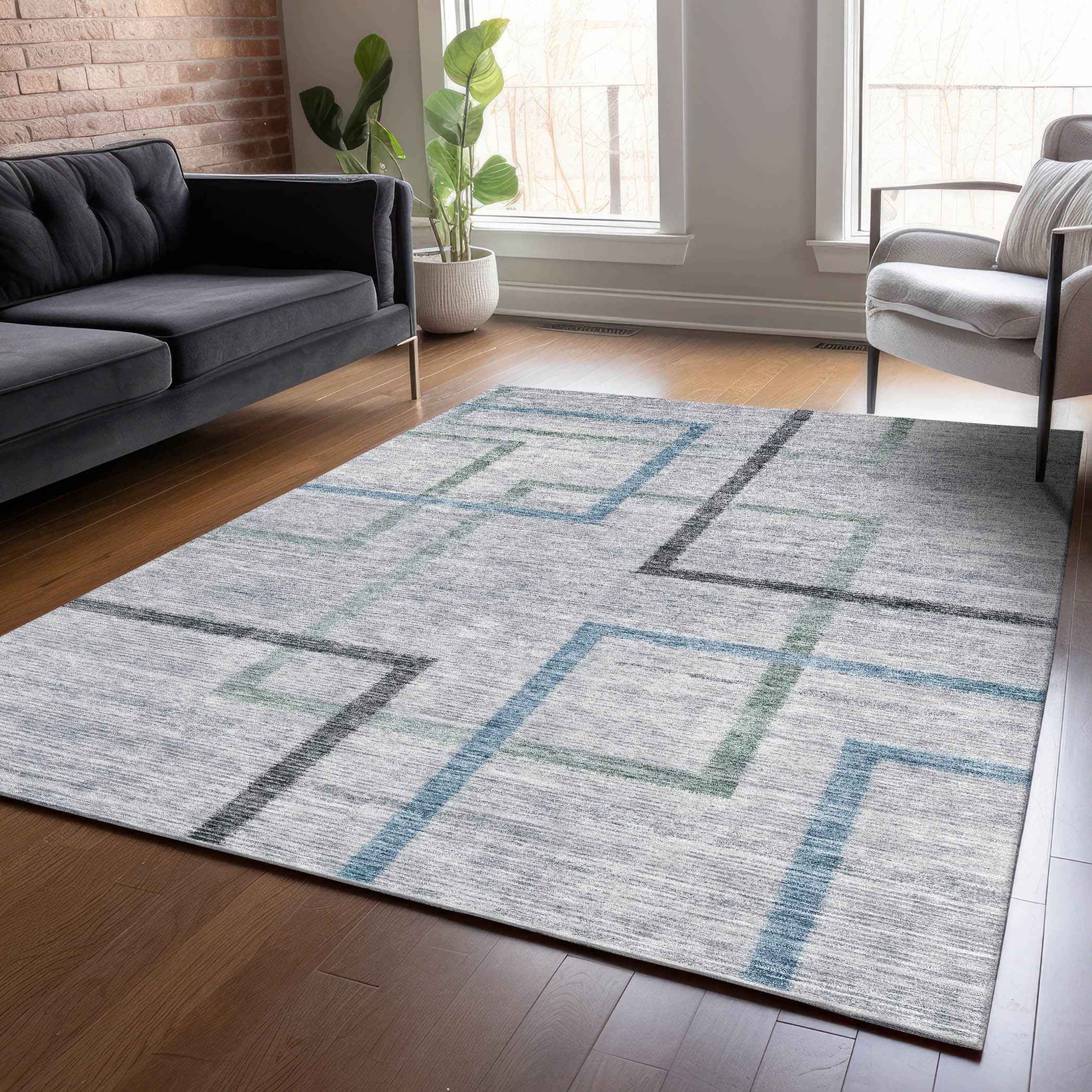 8' X 10' Gray Charcoal And Blue Geometric Washable Indoor Outdoor Area Rug