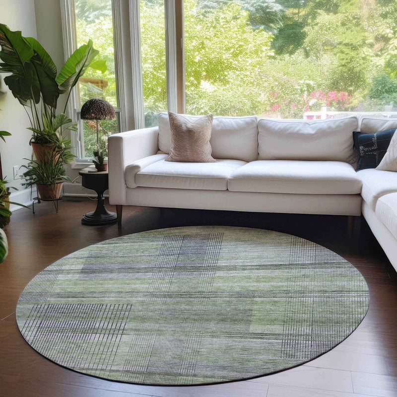 8' Artichoke Green Purple And Fern Green Round Striped Washable Indoor Outdoor Area Rug