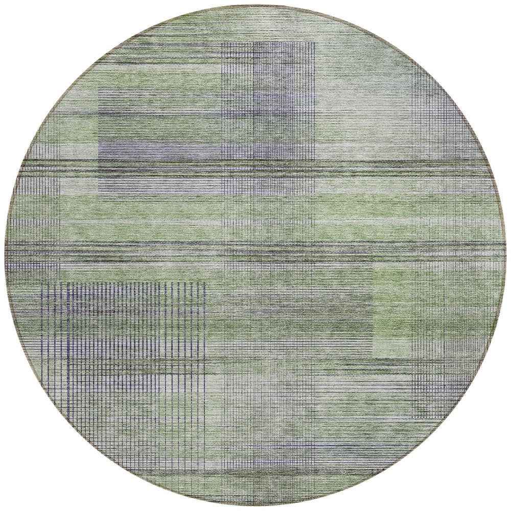 8' Artichoke Green Purple And Fern Green Round Striped Washable Indoor Outdoor Area Rug