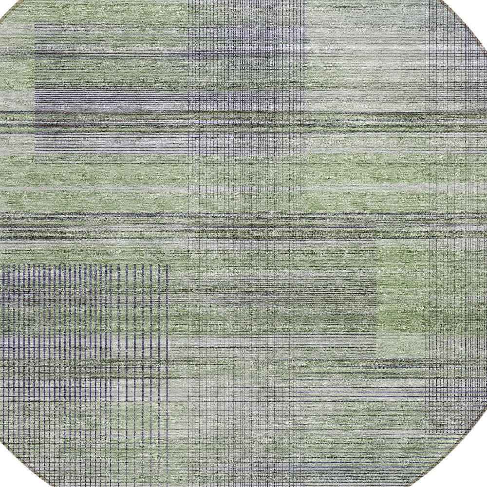 8' Artichoke Green Purple And Fern Green Round Striped Washable Indoor Outdoor Area Rug