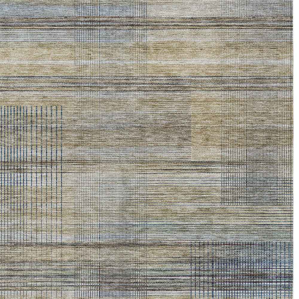 9' X 12' Khaki Tan And Beige Striped Washable Indoor Outdoor Area Rug