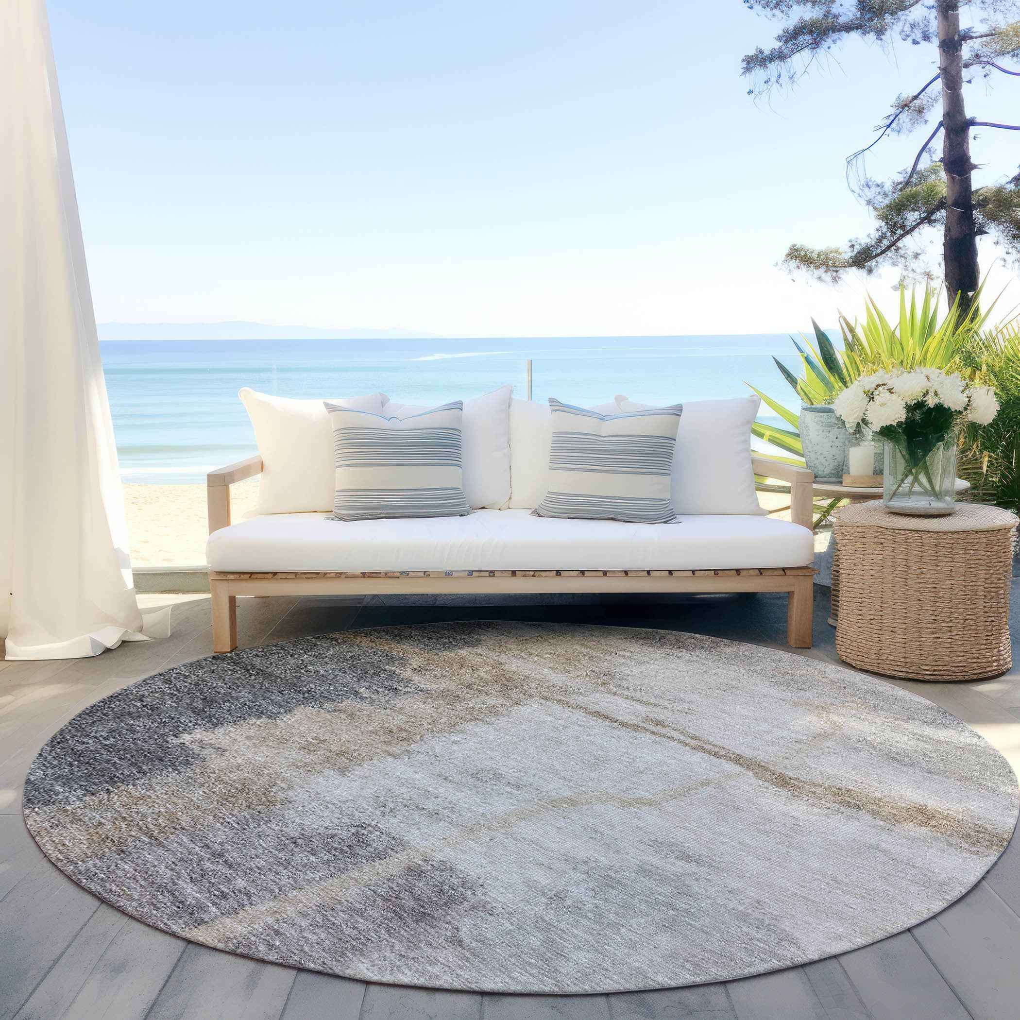 8' Gray Charcoal And Beige Round Abstract Washable Indoor Outdoor Area Rug