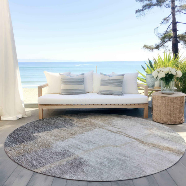 8' Gray Charcoal And Beige Round Abstract Washable Indoor Outdoor Area Rug