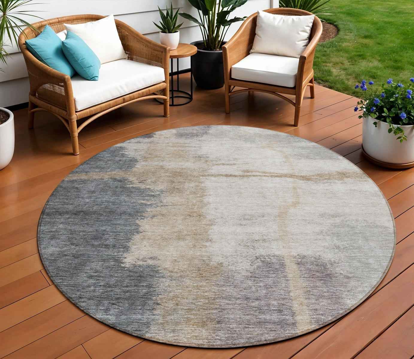 8' Gray Charcoal And Beige Round Abstract Washable Indoor Outdoor Area Rug