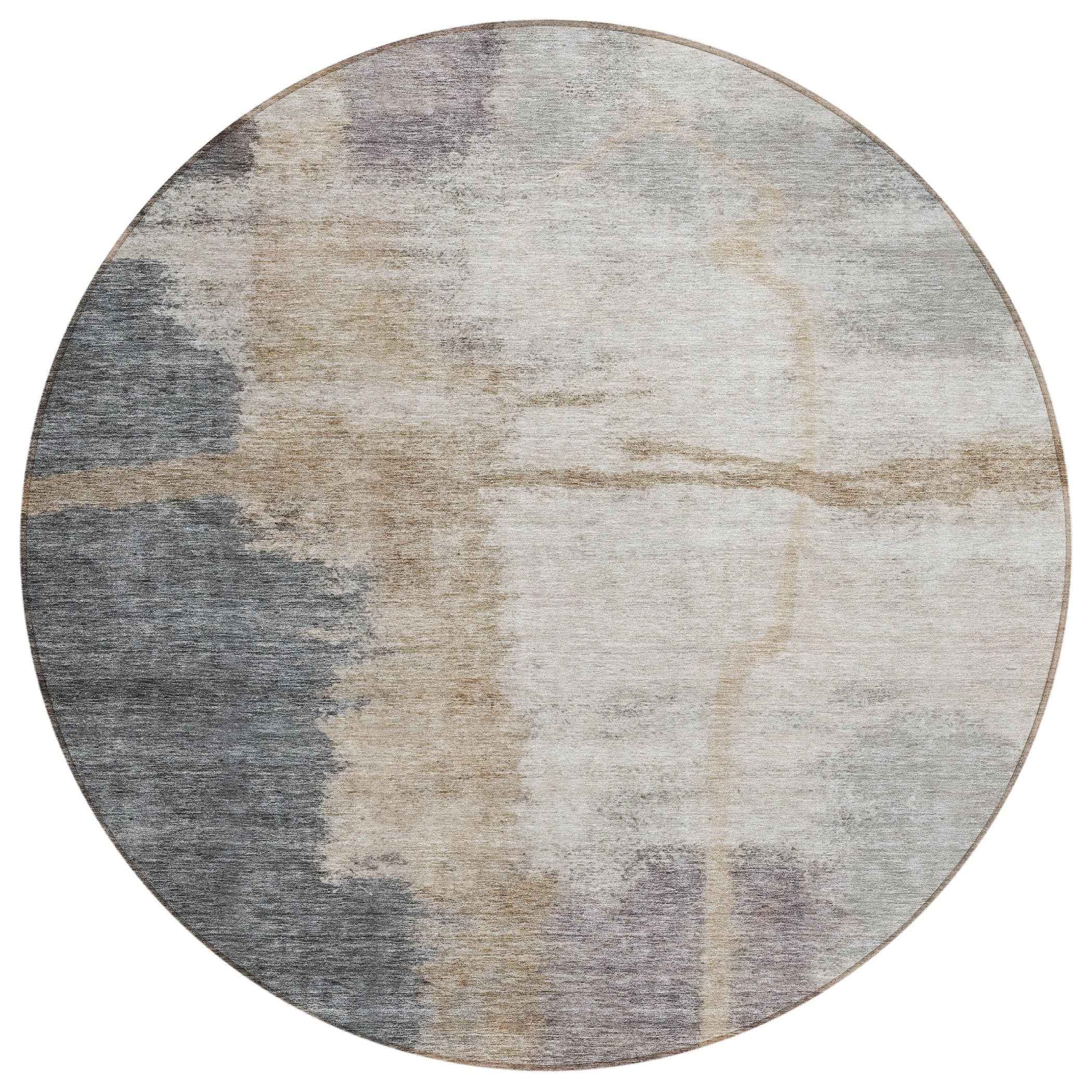 8' Gray Charcoal And Beige Round Abstract Washable Indoor Outdoor Area Rug