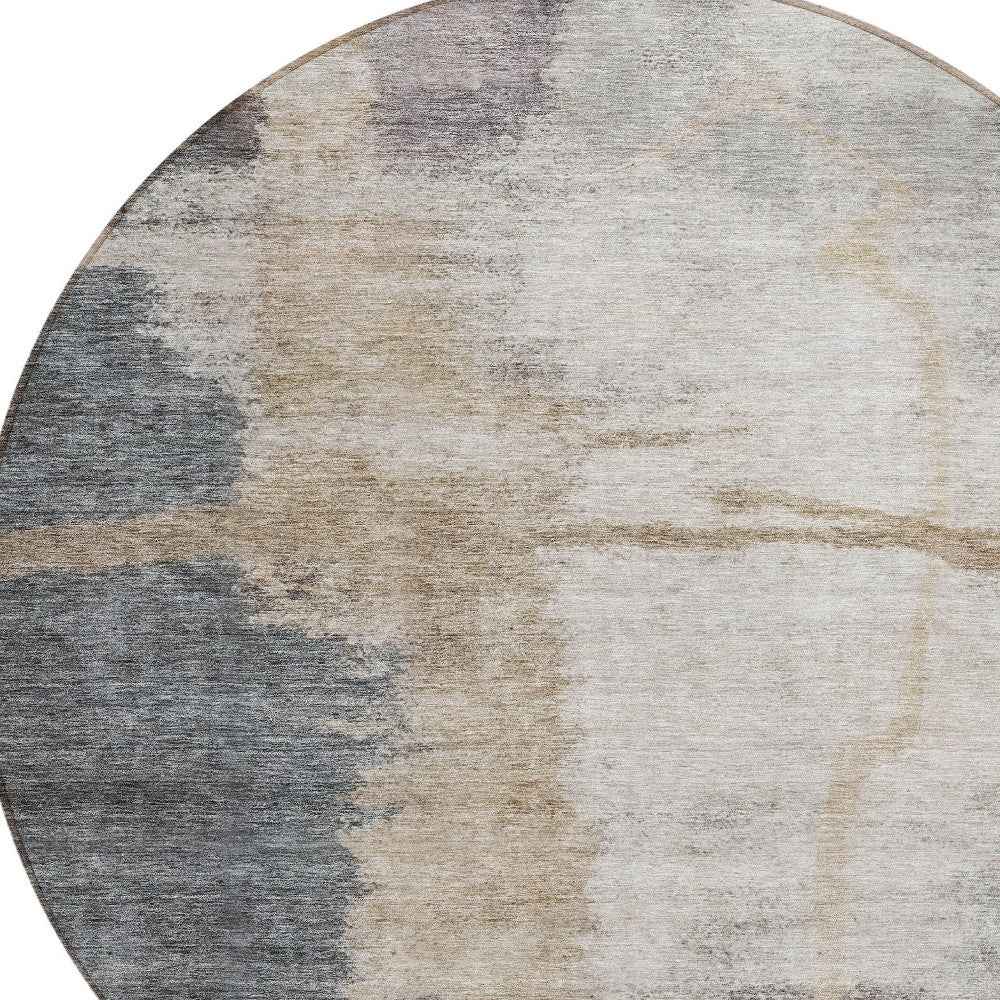 8' Gray Charcoal And Beige Round Abstract Washable Indoor Outdoor Area Rug