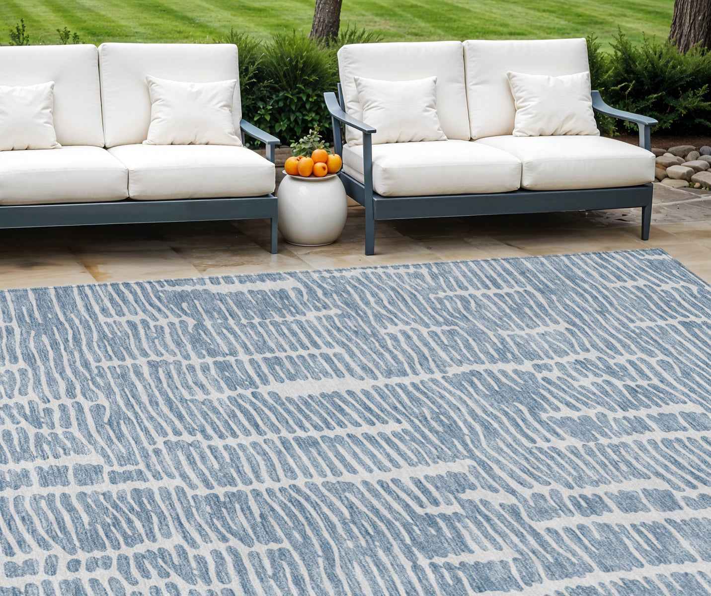 9' X 12' Blue And Ivory Abstract Washable Indoor Outdoor Area Rug