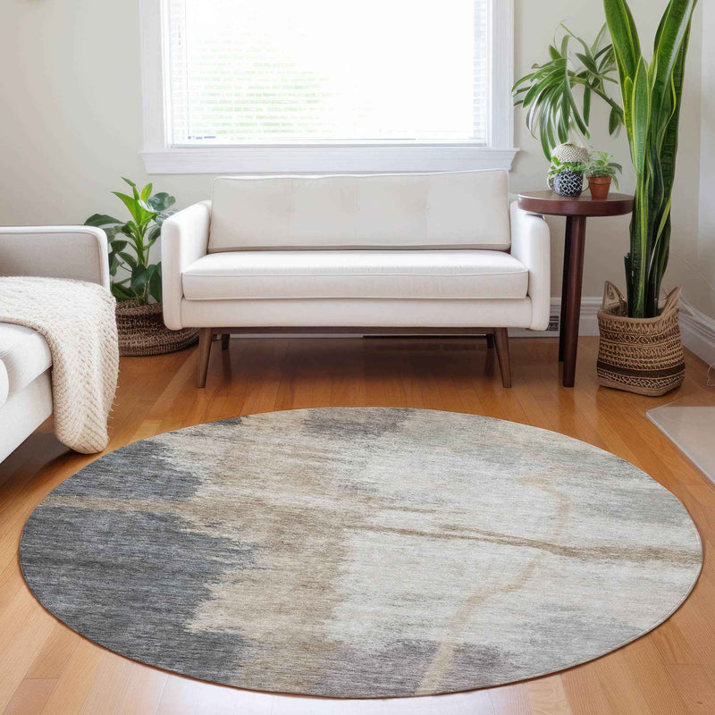 8' Gray Charcoal And Beige Round Abstract Washable Indoor Outdoor Area Rug