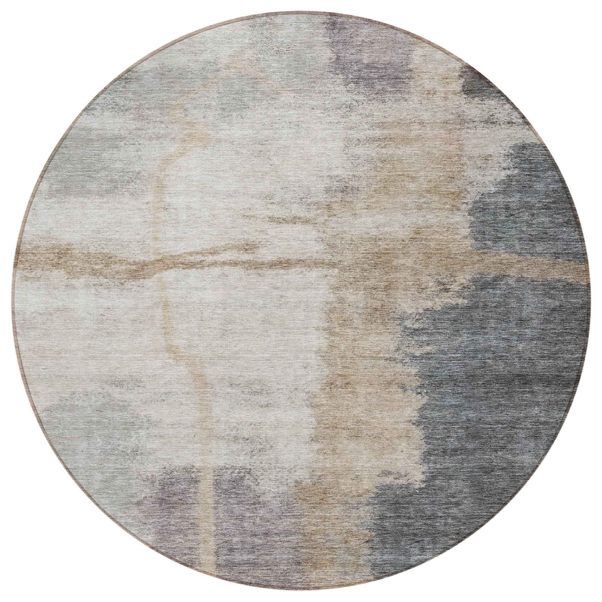 8' Gray Charcoal And Beige Round Abstract Washable Indoor Outdoor Area Rug