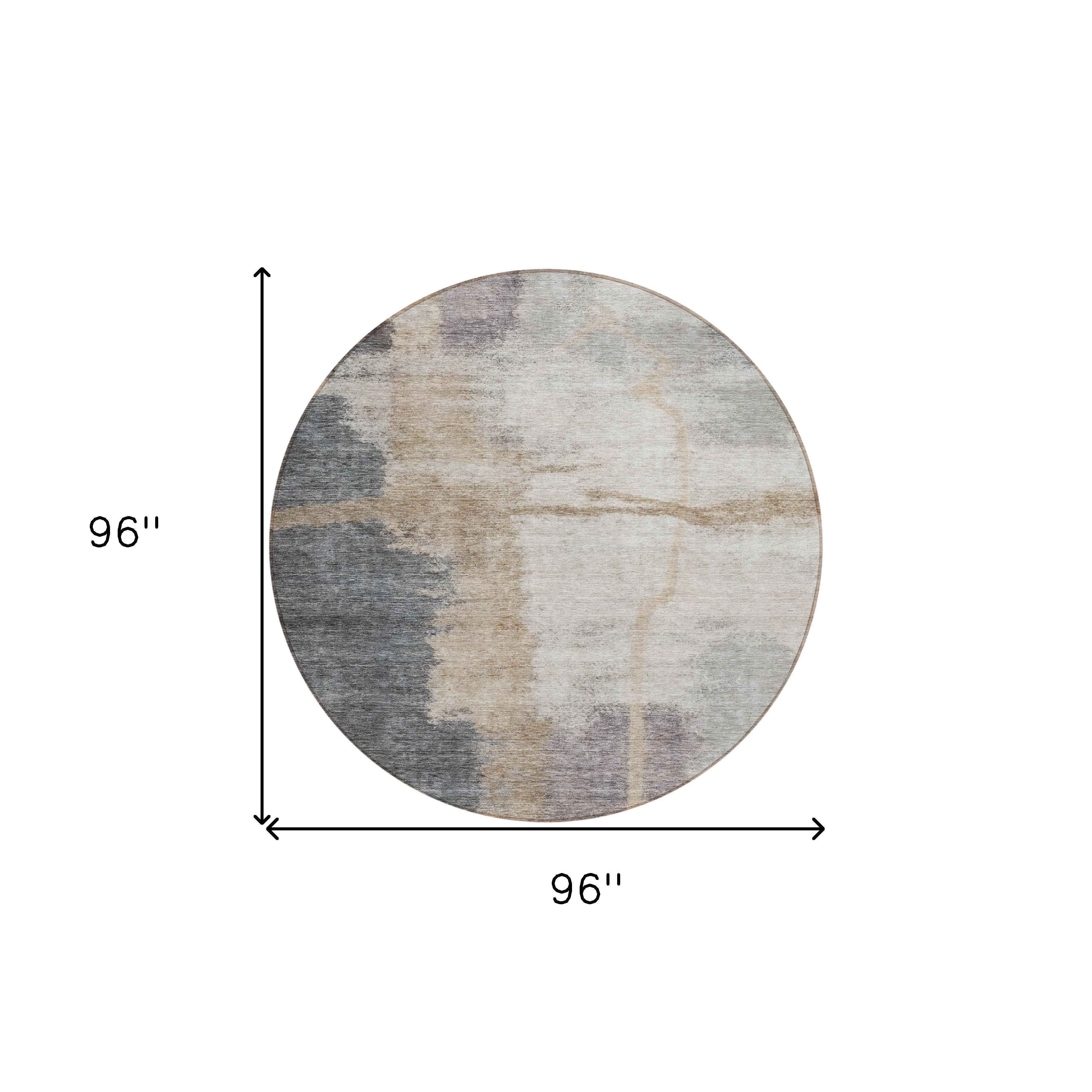 8' Gray Charcoal And Beige Round Abstract Washable Indoor Outdoor Area Rug