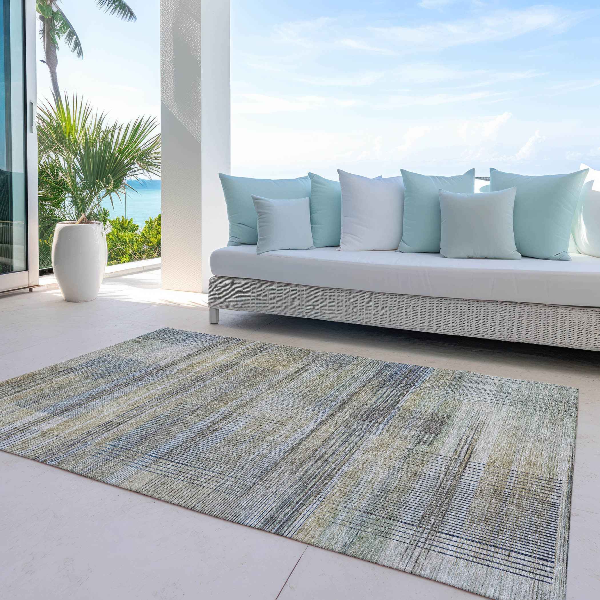 3' X 5' Khaki Tan And Beige Striped Washable Indoor Outdoor Area Rug