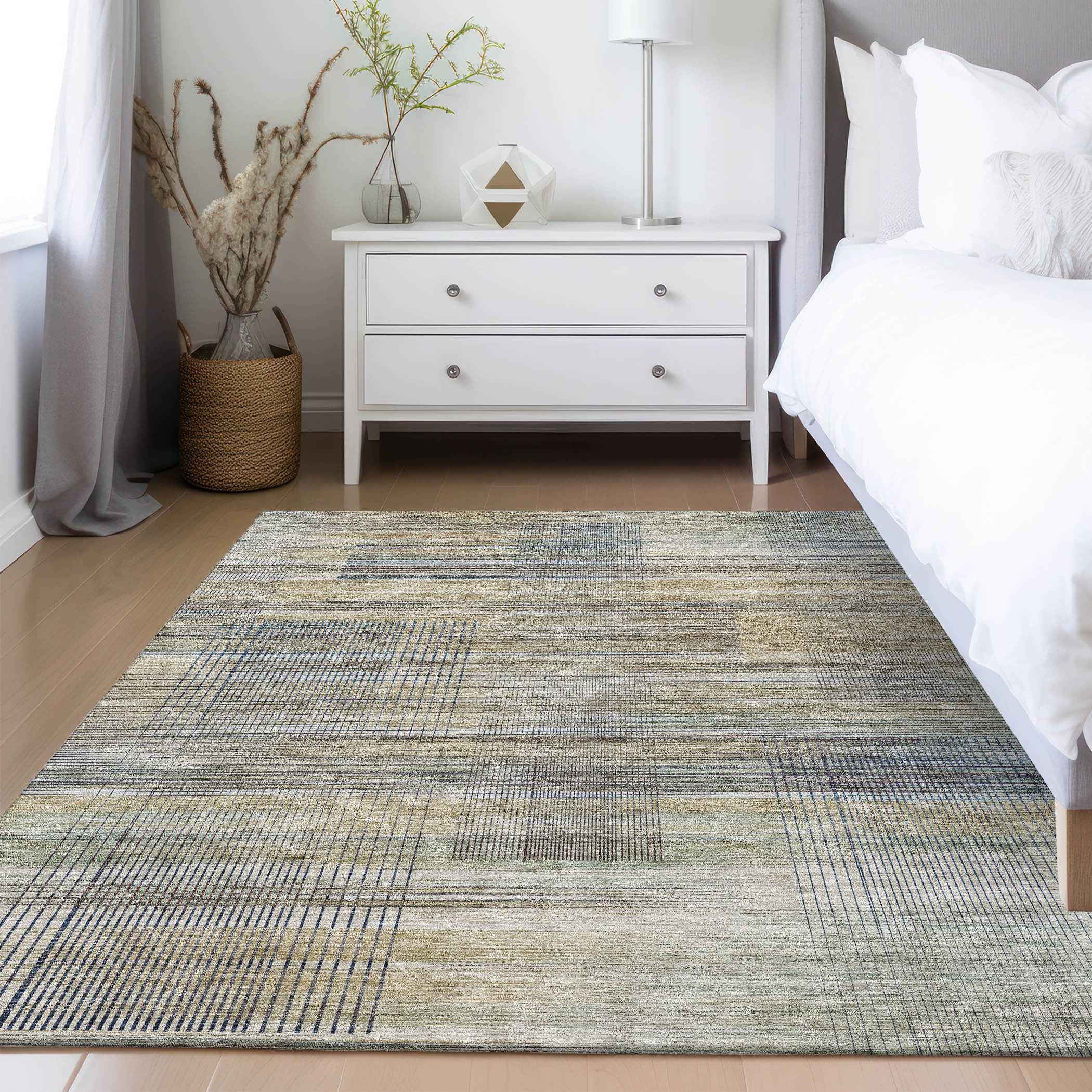 3' X 5' Khaki Tan And Beige Striped Washable Indoor Outdoor Area Rug