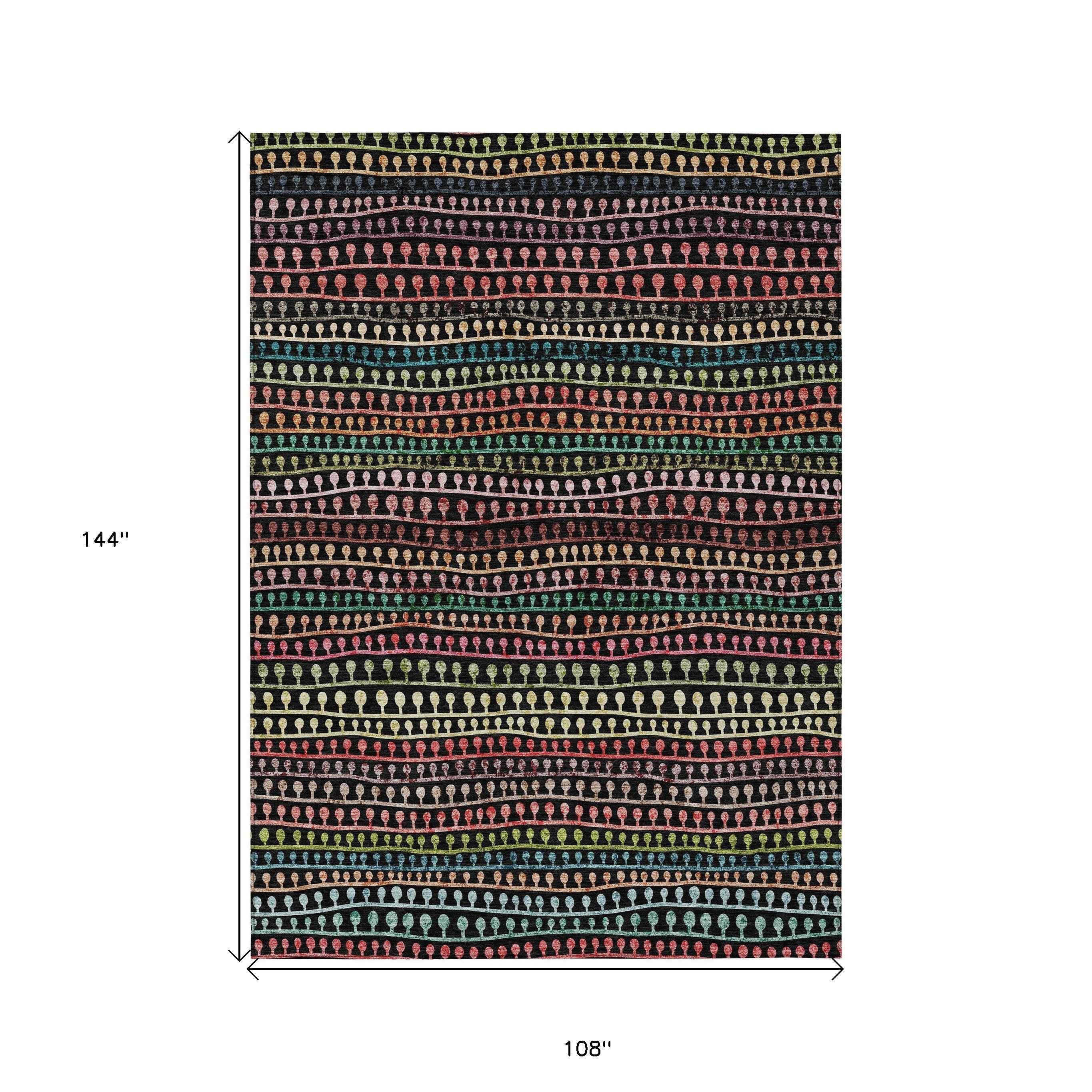 9' X 12' Black Green And Gold Striped Washable Indoor Outdoor Area Rug