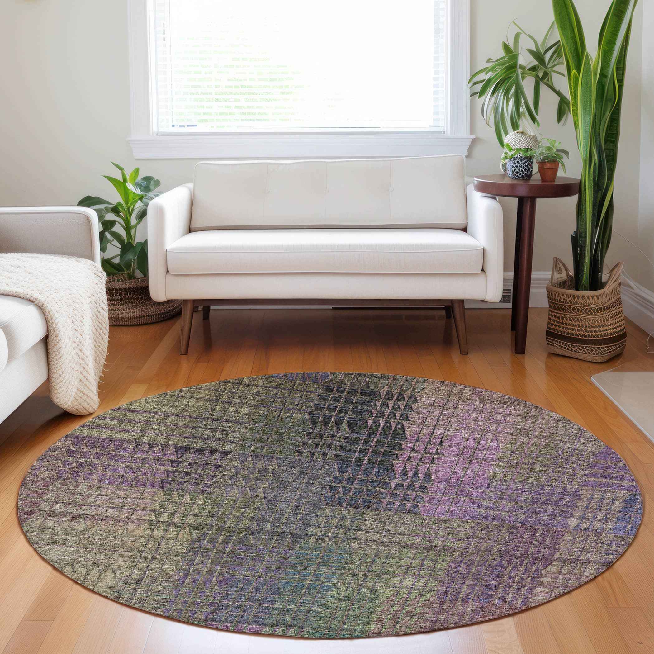 8' Plum Olive Green And Lavender Round Abstract Washable Indoor Outdoor Area Rug