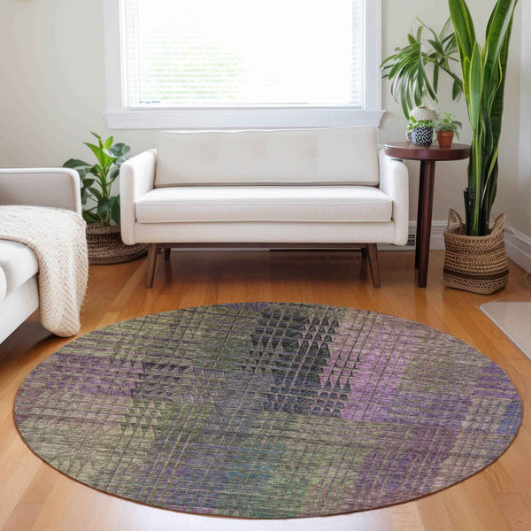8' Plum Olive Green And Lavender Round Abstract Washable Indoor Outdoor Area Rug