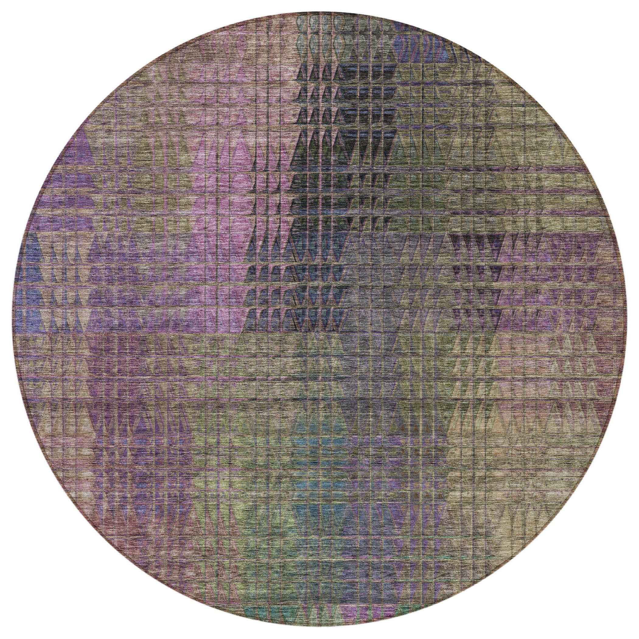 8' Plum Olive Green And Lavender Round Abstract Washable Indoor Outdoor Area Rug