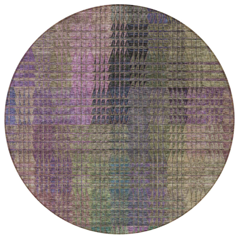 8' Plum Olive Green And Lavender Round Abstract Washable Indoor Outdoor Area Rug