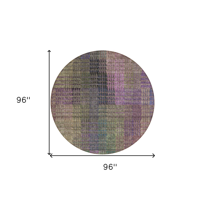 8' Plum Olive Green And Lavender Round Abstract Washable Indoor Outdoor Area Rug
