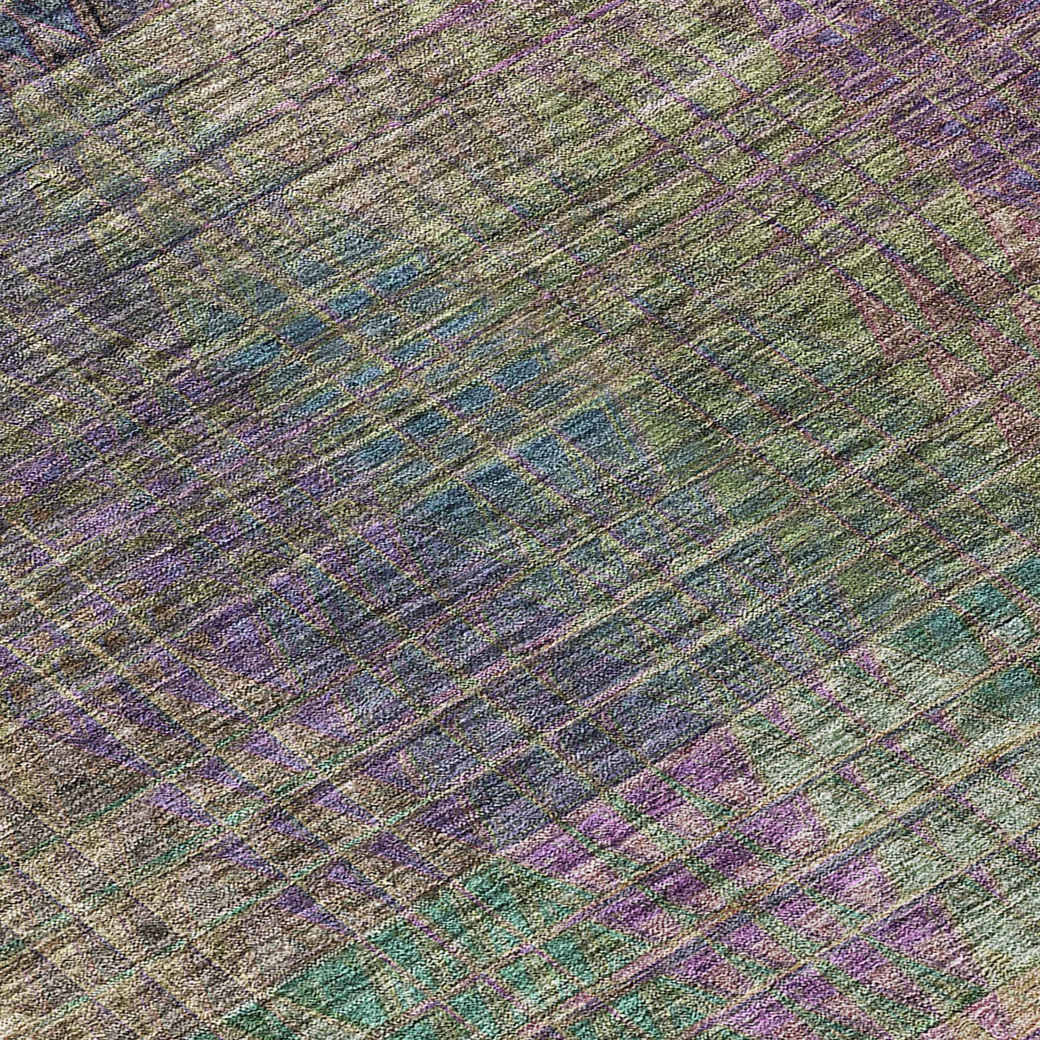 8' Plum Olive Green And Lavender Round Abstract Washable Indoor Outdoor Area Rug