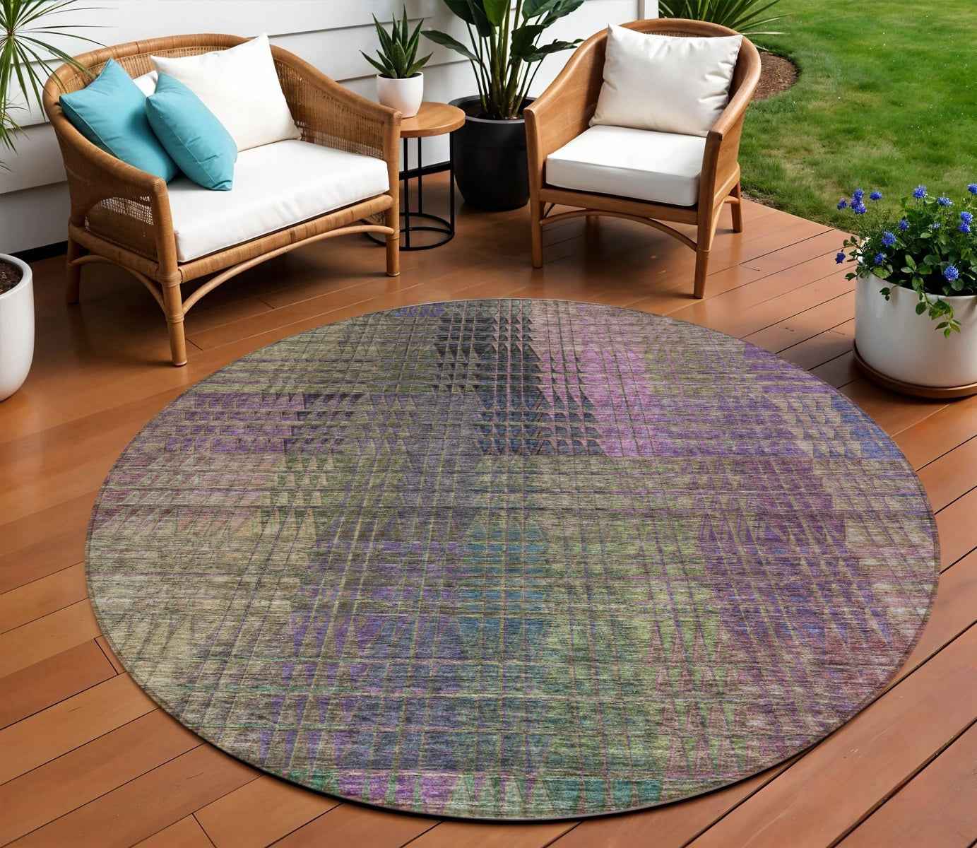 8' Plum Olive Green And Lavender Round Abstract Washable Indoor Outdoor Area Rug