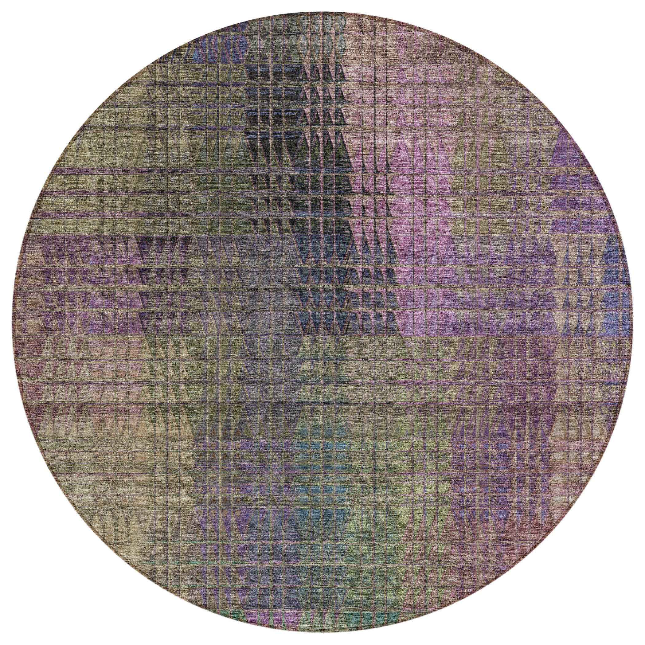 8' Plum Olive Green And Lavender Round Abstract Washable Indoor Outdoor Area Rug