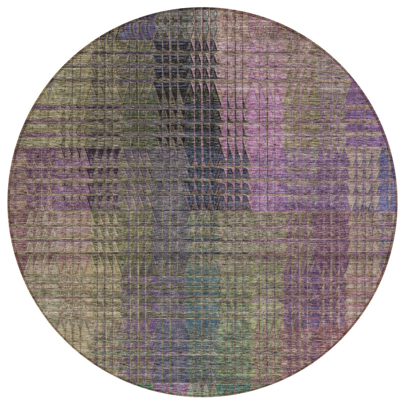 8' Plum Olive Green And Lavender Round Abstract Washable Indoor Outdoor Area Rug