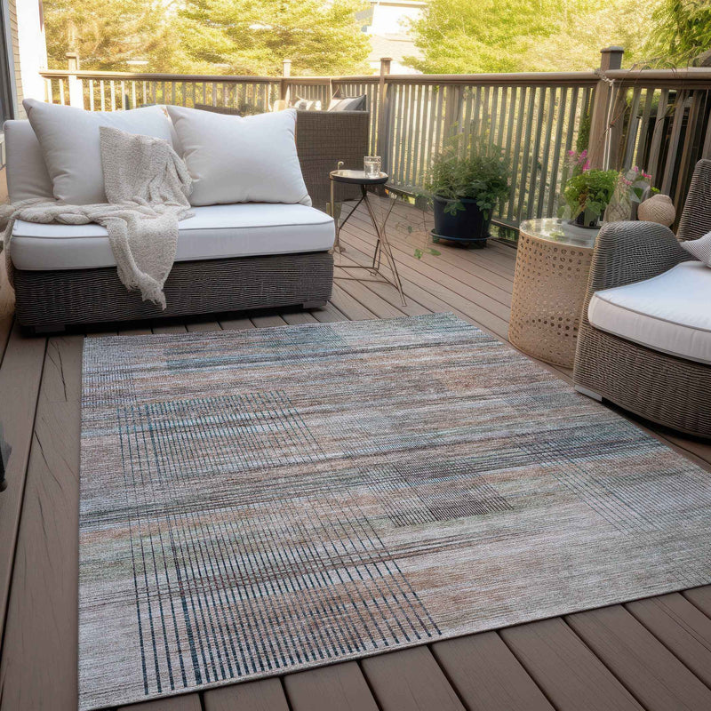 5' X 8' Copper Gray And Blue Striped Washable Indoor Outdoor Area Rug