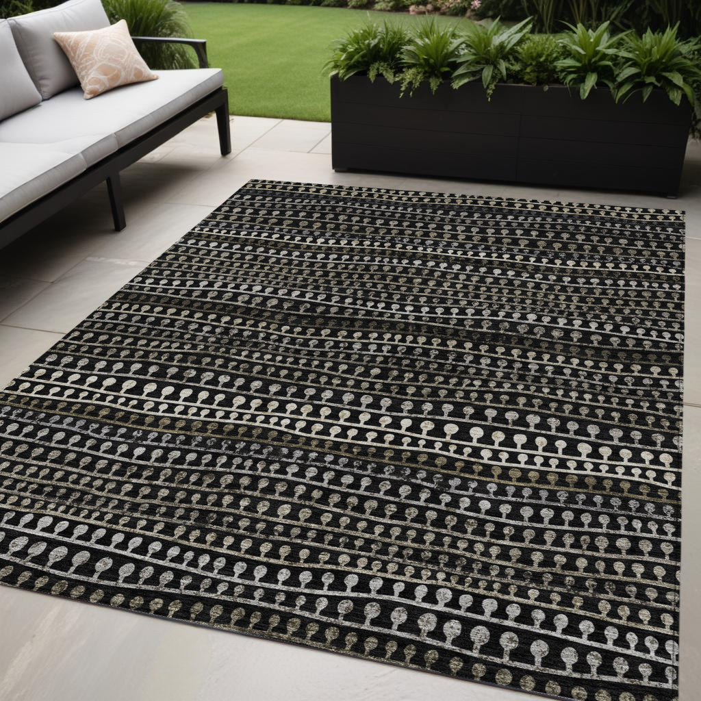 5' X 8' Taupe Charcoal And Gray Striped Washable Indoor Outdoor Area Rug
