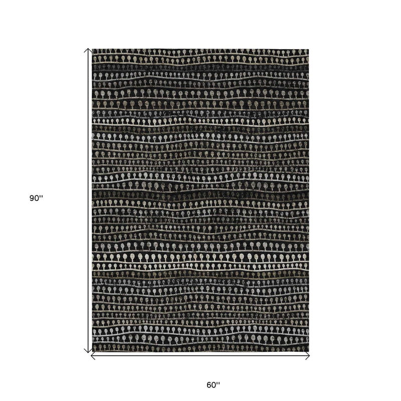 5' X 8' Taupe Charcoal And Gray Striped Washable Indoor Outdoor Area Rug