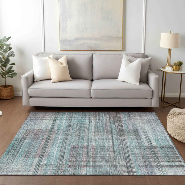 10' X 14' Teal Blue Gray And Charcoal Striped Washable Indoor Outdoor Area Rug