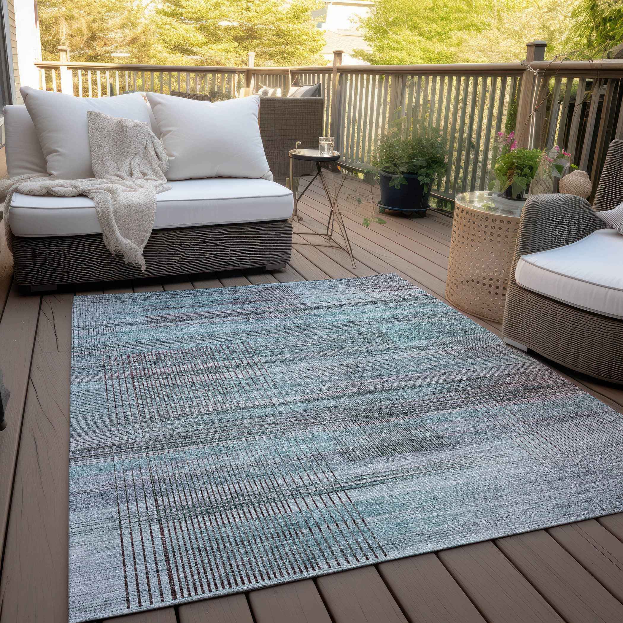 10' X 14' Teal Blue Gray And Charcoal Striped Washable Indoor Outdoor Area Rug